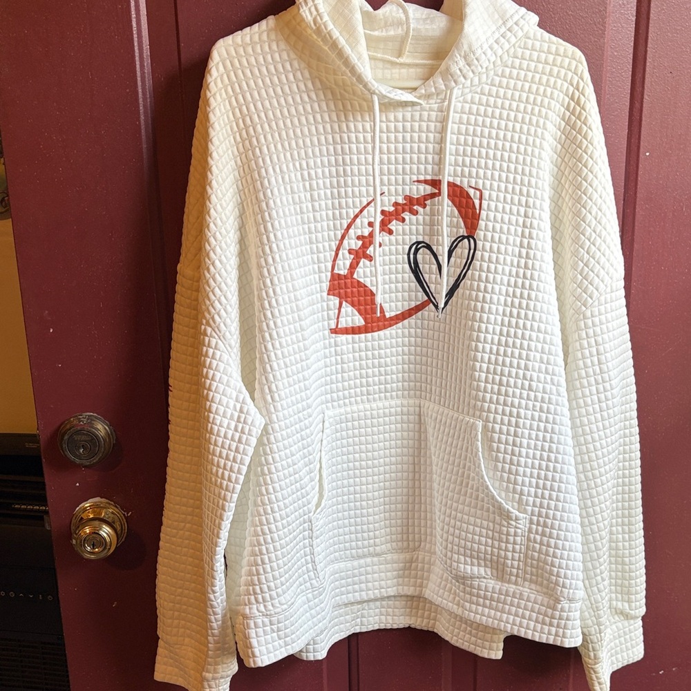 Cozy White Waffle Knit Hoodie with Football Heart